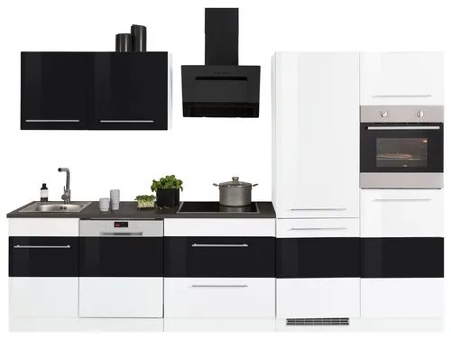 KOCHSTATION Küchenzeile KS-Trient 310 cm mit E-Geräten - Moderne Küchenzeile mit Herd, Kühlschrank und Spülmaschine, ideal für kleine Räume und bietet viel Stauraum. Hochglanzfronten und dunkle Arbeitsplatte für einen trendigen Look.