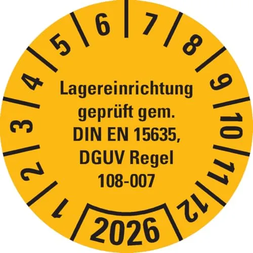 Dreifke® Prüfplakette Lagereinrichtung, DGUV Info.208-061, 2026, gelb, Dokumentenfolie, Ø30mm, 18 Stk.