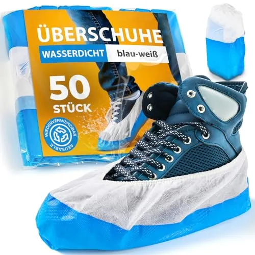 ISC Hygiene & Safety 50x Schuhüberzieher wasserdicht blau-weiß von Überschuhe Verstärkt Extra Stark >9g - Rutschfeste Überzieher für Schuhe - Einheitsgröße, Überziehschuhe Einweg Mehrweg Galoschen