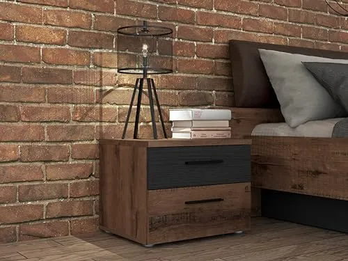 Forte Jacky Nachttisch 50 - 2 Schubladen in Edeleiche und Schwarzeiche - Stylischer Nachttisch mit 2 geräumigen Schubladen, ideal für Ihr Schlafzimmer. Hergestellt aus hochwertigen, nachhaltigen Materialien und pflegeleicht. Perfekte Ergänzung für moderne Einrichtungsstile.