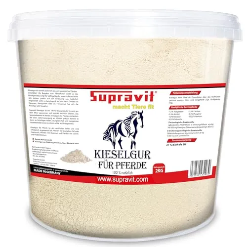 Supravit Kieselgur für Pferde – 2 kg wiederverschließbarer Eimer - Hochwertiges Diatomeenerde-Pulver für Stall und Weide. Praktischer 2 kg Eimer schützt vor Feuchtigkeit. Ideal für die einfache Dosierung und tägliche Anwendung bei Pferden.