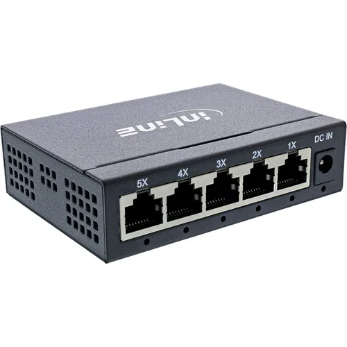 InLine® Gigabit Netzwerk Switch 5-Port - Netzwerk-Switches mit 1Gb/s Geschwindigkeit und lüfterlosem Metallgehäuse, ideal für geräuscharme Umgebungen und einfach an der Wand montierbar.