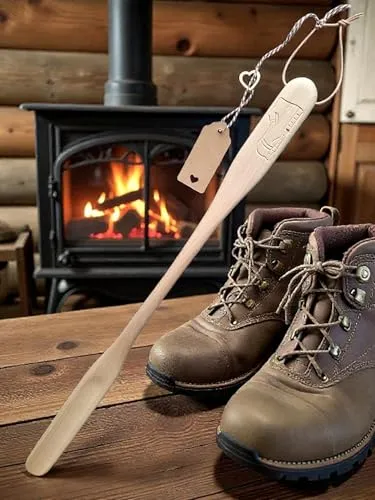 CleanPrince XXL Schuhanzieher Wanderschuh 70 cm - Ergonomisch & Graviert - Schuhlöffel aus heimischem Holz mit eingraviertem Motiv WANDERSCHUH, ergonomisch geformt für müheloses Anziehen von Schuhen. Ideal für Wanderer und Made in Germany.