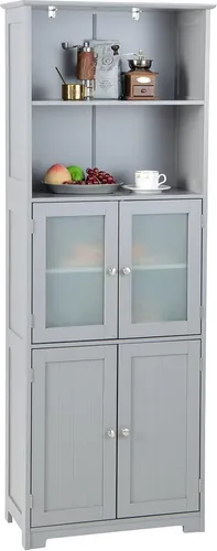 GOPLUS Badezimmerschrank mit Ablagen & Schänke, Hochschrank mit Glastüren & verstellbaren Regalen, Badkommode Aufbewahrungsschrank für Wohnzimmer, Bad & Küche (Grau)