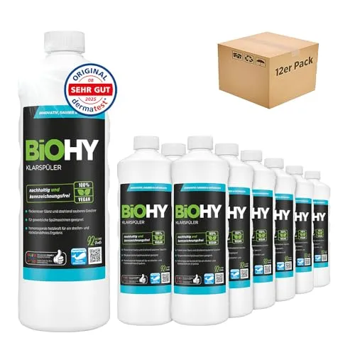 BiOHY Klarspüler (12 x 1 Liter) | Bio Geschirrspülmittel - Geschirrspülmittel für alle Spülmaschinen, EXTRA STARKER Fettlöser mit nachhaltigen Inhaltsstoffen für strahlenden Glanz auf Glas und Geschirr.