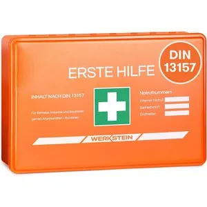 Erste Hilfe Kasten DIN 13157:2021 Small - Praktische Wandhalterung & Zubehör - Erste-Hilfe-Set für Haushalt & Arbeitsplatz, ideal für Betriebe bis 50 Personen. Sofort einsatzbereit mit Wandhalterung und übersichtlicher Erste Hilfe Anleitung.