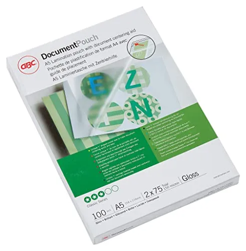 GBC Laminierfolien A5 75 mic, Robuste Laminiertaschen im 25er Pack, Glänzend, Transparent, Ideal für Büro & Schule, 3740483