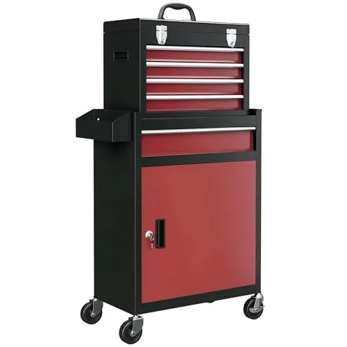 HOMCOM Werkstattwagen mit Rollen - Mobiler Werkzeugwagen mit 5 Schubladen - Werkzeugschränke: Mobiler Werkstattwagen mit 5 Kugellager-Schubladen, abnehmbarem Oberteil und abschließbarem Schrank. Ideal für eine sichere und platzsparende Aufbewahrung.