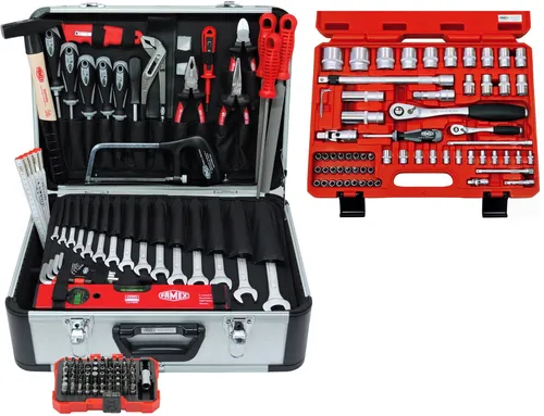 FAMEX 729-17 Werkzeugkoffer mit Werkzeug und Steckschlüsselsatz - Vielseitiger Werkzeugkoffer mit hochwertigem Werkzeug-Set, ideal für Heimwerker und Profis, inklusive induktiv gehärteten Zangen und ergonomischen 2-Komponentengriffen.