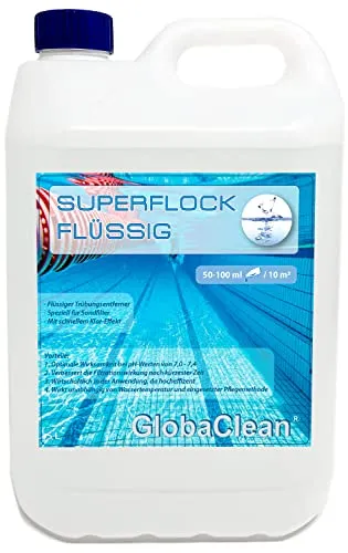 GlobaClean 5 L Superflock flüssig - Hochkonzentriertes Flockungsmittel für kristallklares Poolwasser - Anti-Trübmittel & Enzyme: Entfernt effektiv feine Verunreinigungen und sorgt für langanhaltend klares Poolwasser mit einfacher Dosierung.