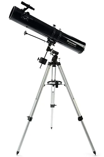 Celestron PowerSeeker 114EQ Teleskop - Einsteigerfreundliches Newtonsches Spiegelteleskop mit deutscher Montierung für präzises Anvisieren. Kompakt, leicht und ideal für die Himmelbeobachtung unterwegs oder im Garten.