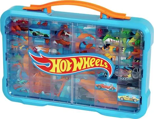 Hot Wheels - Sammelkoffervitrine für 54 Autos mit leuchtendem Hot Wheels Logo - Kostüme - Coole Sammelvitrine mit Licht für bis zu 54 Hot Wheels Autos, ideal für Fans und Sammler. Mit transparenten Türen und stylischem Poster im Hintergrund.