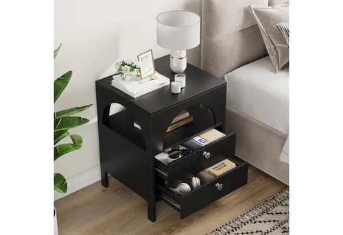 OKWISH Nachttisch Beistelltisch mit Schubladen – Stilvolles Design in Schwarz, 45 x 40 x 58 cm