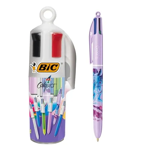 BIC 4 Farben Kugelschreiber Set 4 Colours, 6er Stifte Set in neongelbem Stiftebecher, Ideal für das Büro, das Home Office oder die Schule