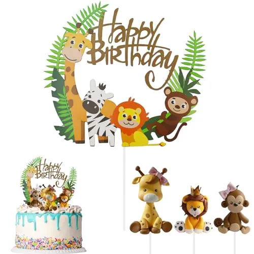 Tortendeko 1. Geburtstag Junge Tortendeko Waldtiere Happy Birthday Cake Topper 1. Geburtstag Kuchen Deko Safari Tortendekoes Tiere Dschungel für Kinder Mädchen Junge