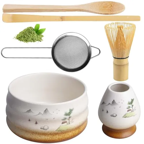 Matcha Besen 6-Teiliges Set: Matcha Schale aus Keramik, Matcha-Schneebesen mit 2 Matcha Löffel, Matcha Whisk,Matcha-Pulversieb, Bambus-Teebesen Matcha Tea Set matcha zubehör Matcha zubehör Geschenkset