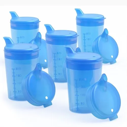 Horn Medical 5er Pack Erwachsenen Trinkhilfen 250ml Schnabelbecher PLUS 5 Deckel für Flüssigkeiten & 5 Deckel für Brei/Mus - Farbe wählbar (Blau)