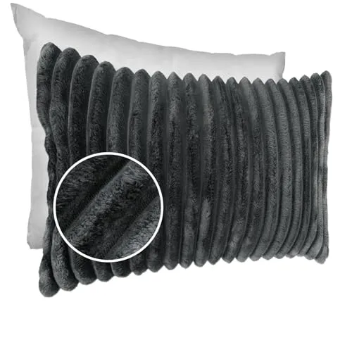 Dekokissen Kissenbezug Sofakissen Pillow Plüsch Kuschelkissen Zierkissen Cord Kissen Couchkissen Kord Kissenhülle ultraweich gestreift Lilli 30x50cm mit Füllung Grau