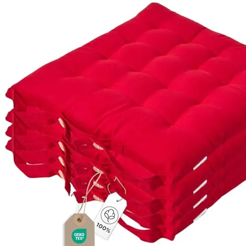 Homescapes 4er Set Stuhlkissen 40x40 cm rot – Sitzkissen Outdoor/Indoor mit Baumwollbezug, Sitzpolster waschbar und Oeko-TEX-Zertifiziert für Esszimmer-, Küchen- & Gartenstühle