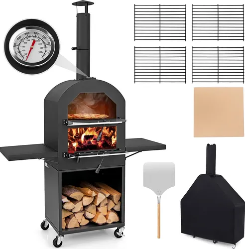 GOPLUS Outdoor Pizzaofen mit Rädern – Mobiler Holzfeuer-Pizzaofen für perfekte Pizzen
