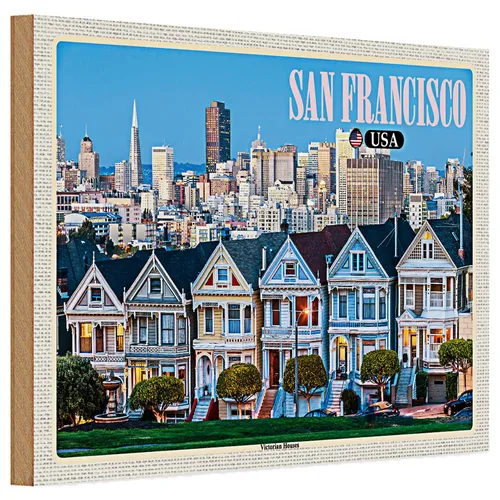 Holzschild Reise 30x20cm San Francisco USA Victorian Houses