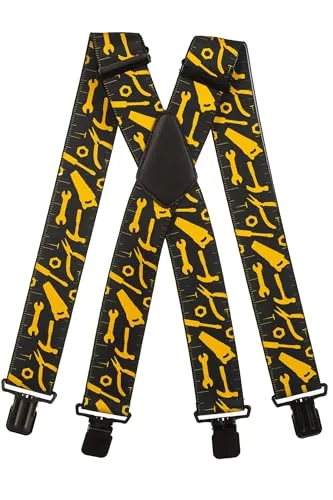 Olata Hosenträger mit Werkzeug-Muster – Robuste, Verstellbare X- und Y-Form, 5 cm Breit, Ideal für Arbeit und Alltag. Schwarz, X-Form (Schwarz Clips) - 5 cm