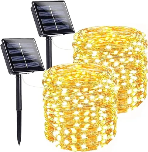 [2 Stück] Solar Lichterkette Aussen Solarlichterkette, 12M 120 LED Lichterketten Außen Wasserdicht KupferDraht 8 Modus Solarlichterkette Deko für Garten, Terrasse, Tor, Hof, Hochzeit, Party (Warmweiß)