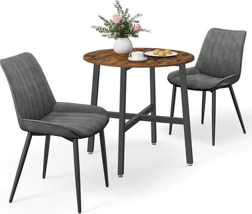 VASAGLE Essgruppe mit rundem Küchentisch und 2 Polsterstühlen - Kompakte Essgruppe mit stilvollem Industrie-Design, ideal für kleine Küchen. Robustes Stahlgestell und strapazierfähige Holzspanplatten garantieren Langlebigkeit und Stabilität für unvergessliche Essmomente.