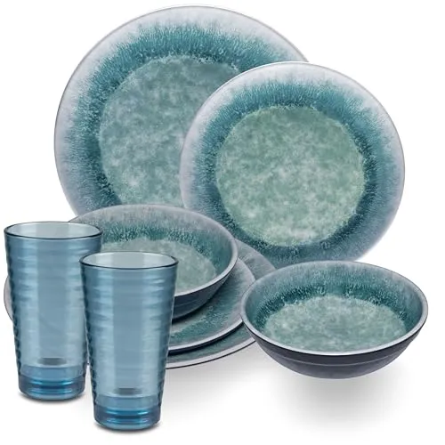 Melamin Geschirr Set Adria Blue für 2 Personen - 8 Teile Blau - mit blauem Trinkglas 400 ml aus Acryl Steingutoptik Spülmaschinengeeignet Campingzubehör Campinggeschirr Wohnwagen Camping Festival