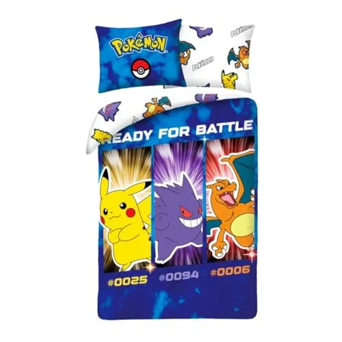 Pokémon Bettbezug Ready for Battle 140 x 200 cm - Cooler Baumwoll-Bettbezug mit berühmten Pokémon-Figuren, ideal für Fans. Doppelseitiger Druck und extra großer Kissenbezug sorgen für Abwechslung und Stil in Ihrem Schlafzimmer.
