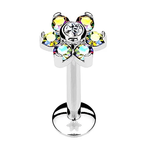 Piercingfaktor Piercing Stab Stecker Blüte mit Strass Kristall Lippe Ohr Intim Nase Lippenpiercing Tragus Ohrpiercing Helix Zungen Labret 6mm Silber Rainbow Clear