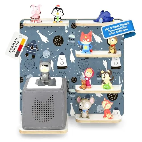 stadtecken Holzregal für Musikbox – Passend für Toniebox & ca. 30 Tonies | Perfekte Aufbewahrung fürs Kinderzimmer | Zum Aufhängen | Erweiterbar (Universum)