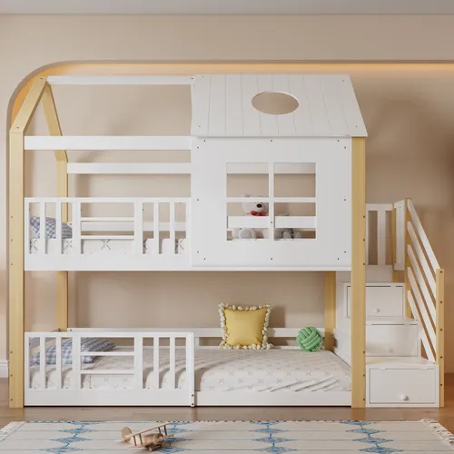 Etagenbett mit 2 Liegeflächen, Lattenrost und Treppe, 90x200 cm - Etagenbett für Kinder mit Rausfallschutz, ideal für platzsparende Lösungen. Hohe Stabilität und modernes Design, perfekt für das Kinderzimmer.