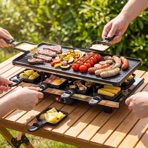 COSTWAY Raclette Grill für 8 Personen – 2in1 Elektrogrill mit Antihaft-Platte und Temperaturregelung