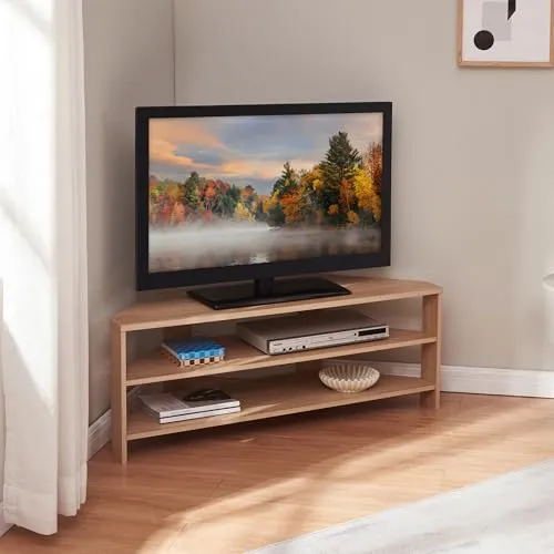 [en.casa] TV Schrank Berg – Offenes Lowboard in Eicheoptik - Stilvolles TV-Lowboard mit abgeschrägten Ecken, ideal für Ecken im Wohnzimmer. Bietet praktischen Stauraum für Mediengeräte und sorgt dank offener Rückwand für eine ordentliche Kabelführung.