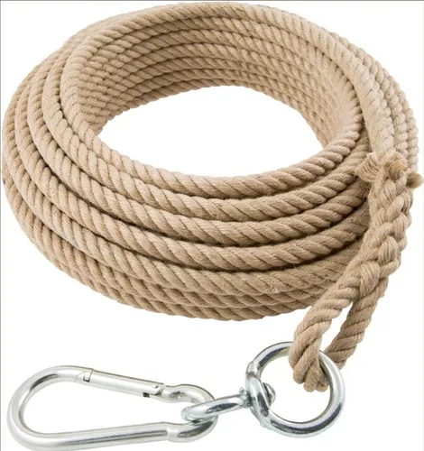 Hanfseil 16 mm – 20 m mit Schlaufe, Karabiner und Wirbel in braun von Braun