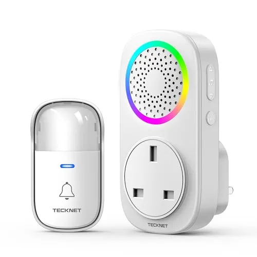 TECKNET Kabellose Türklingel, kabellose Türklingel, selbstversorgt, IP65, wasserdicht, elektronische Türklingel, Set mit externen USB-Steckdosen und LED-Licht