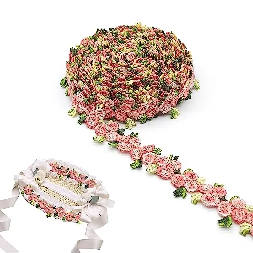 XCSJ 5 Yard Florale Spitzenborte Blumen Spitzenband Rosenstickerei Spitzenborte Stickerei Dekoband Zierband Borten Bänder Blumenband Borten Und Bänder Zum Nähen,Für Verzierungen,Kleidung(Hell-Pink)