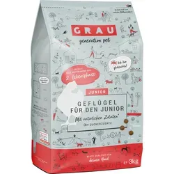 GRAU – Trockenfutter für Hunde - Junior - Geflügel, 3 kg - Hundefutter für Welpen ab dem 4. Lebensmonat, glutenfrei und nährstoffreich zur Stabilisierung der Darmflora und Immunabwehr.