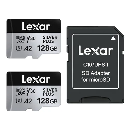Lexar Silver Plus Micro SD Karte 128GB 2-Pack - Speicherkarten mit bis zu 205 MB/s Lesegeschwindigkeit, ideal für 4K UHD-Videos und Serienbilder. Kompatibel mit Smartphones, Drohnen und mehr, inklusive lebenslanger Datenwiederherstellungssoftware.