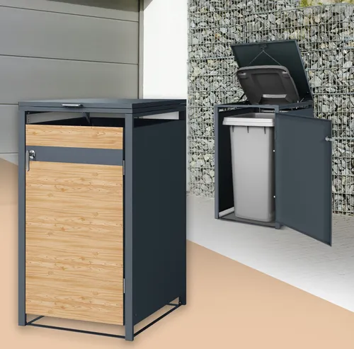 ML-Design Mülltonnenbox 1er für 240L Tonne - Anthrazit-Lärchenoptik - Mülltonnenbox für 240L Tonne, wetterfest und abschließbar. Mit smarten Zugseilen für einfache Handhabung und guter Luftzirkulation gegen Gerüche.