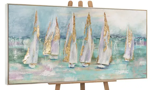 YS-Art Gemälde Segelboote, Meer, Leinwand Bild Handgemalt Segelboote am Meer Türkis Gold