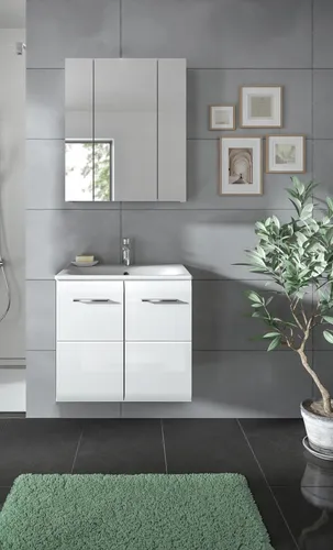 Badezimmer-Set >Ice< in Weiß / Weiß Hochglanz - 60x185x46cm - Entdecken Sie unser stilvolles 2-teiliges Badezimmer-Set! Ideal für kompakte Räume, bietet es einen eleganten Waschtisch und einen praktischen Spiegelschrank. Hochwertige Materialien garantieren eine moderne Optik und optimale Stauraum-Lösungen.