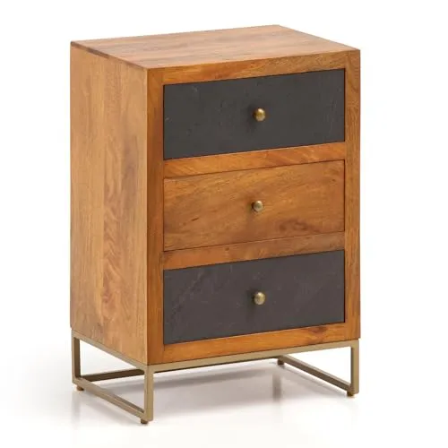 FineBuy Nachttisch Mango Massivholz 40x60 cm - Nachttisch in modernem Stil mit warmen Holzmaserungen und Steinoptik, ideal für Boxspringbetten. Bietet großzügigen Stauraum durch 3 Schubladen und eine praktische Ablagefläche.