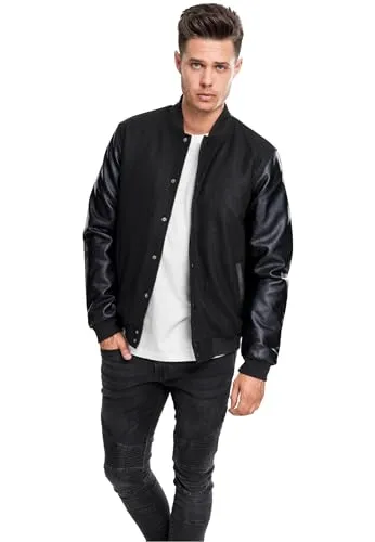 Urban Classics Herren Jacke Oldschool College Jacket, stylische Männer Collegejacke mit Kunstlederärmeln, Blk/blk, M