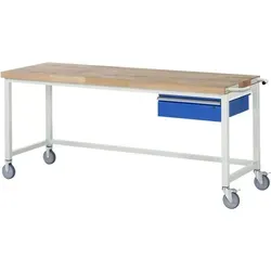 Fahrbare Werkbank Modell 8001, 2000 x 700mm - Robuste Werkstatteinrichtung mit massiver Buche-Arbeitsplatte, 1 Schublade und 450 kg Belastbarkeit. Ideal für professionelle Werkstätten und Hobbyhandwerker.