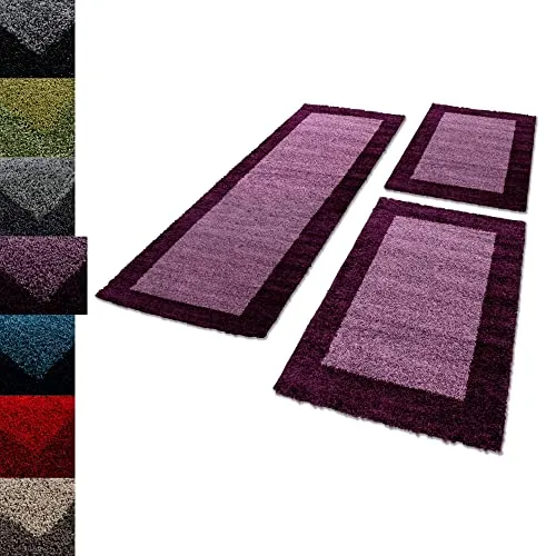 Carpettex Bettumrandung Schlafzimmer 3-teilig - Teppich Läuferset in Lila, weich und pflegeleicht, ideal für Allergiker und Fußbodenheizung geeignet.