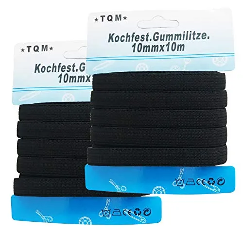 2x Gummilitze kochfest schwarz 10m x 10mm, Gummiband, Saumband, Schlüpfergummi, Hosengummi, Nähband