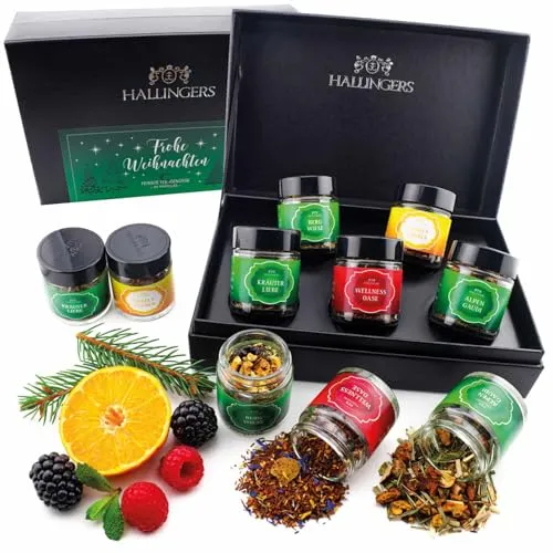Hallingers Weihnachtliche 5 Sorten Tee Geschenkset mit Box vegan, Geschenk zur Weihnacht und im Advent - Made in Germany
