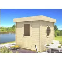Finntherm Gartensauna Cubus-70 A Natur 264 cm x 264 cm - Massivholzsauna mit 70 mm Wandstärke für optimale Isolierung, modernes Design und viel Licht durch hochwertige Verglasung – ideal für entspannende Momente im eigenen Garten.